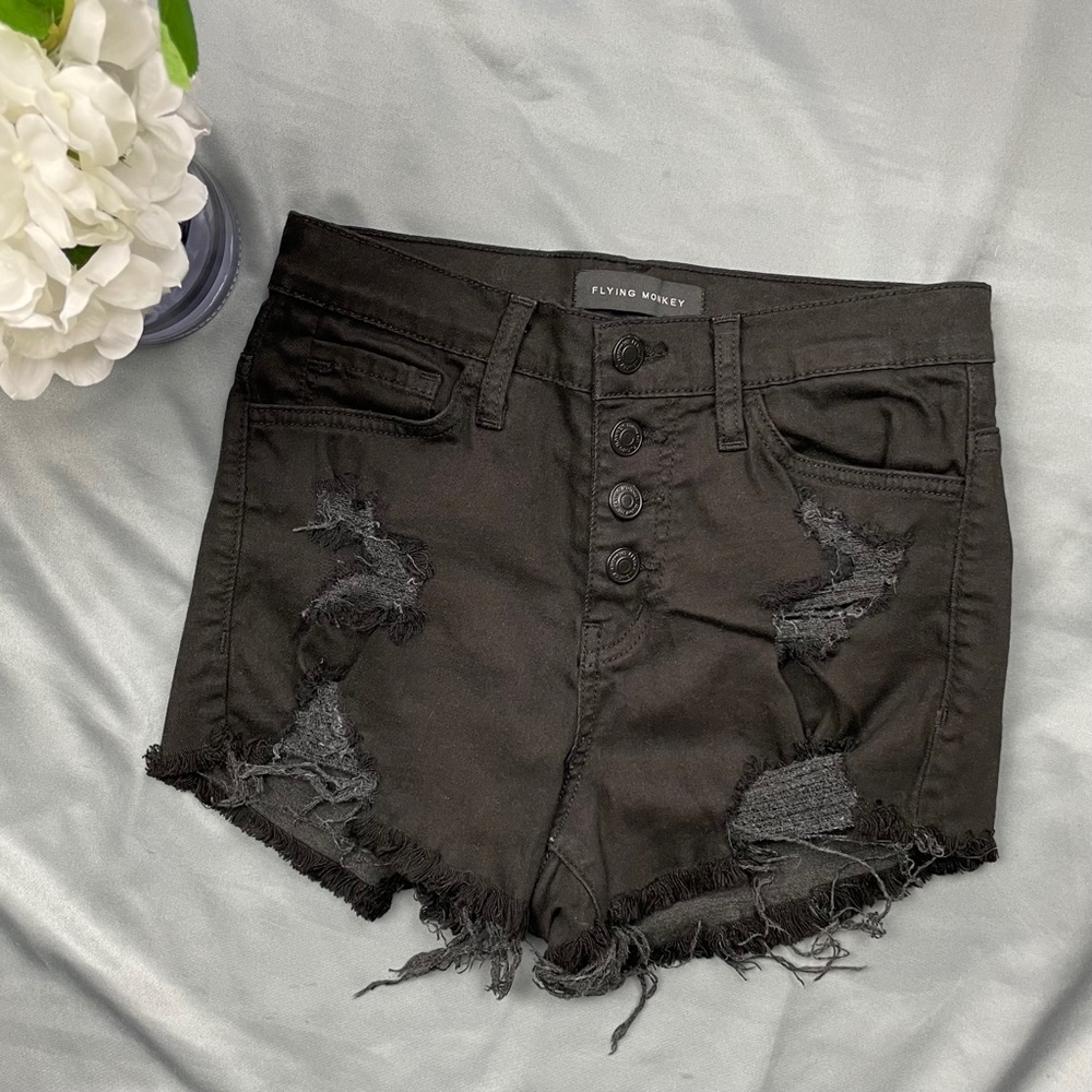 Button Fly Distressed Black Shorts